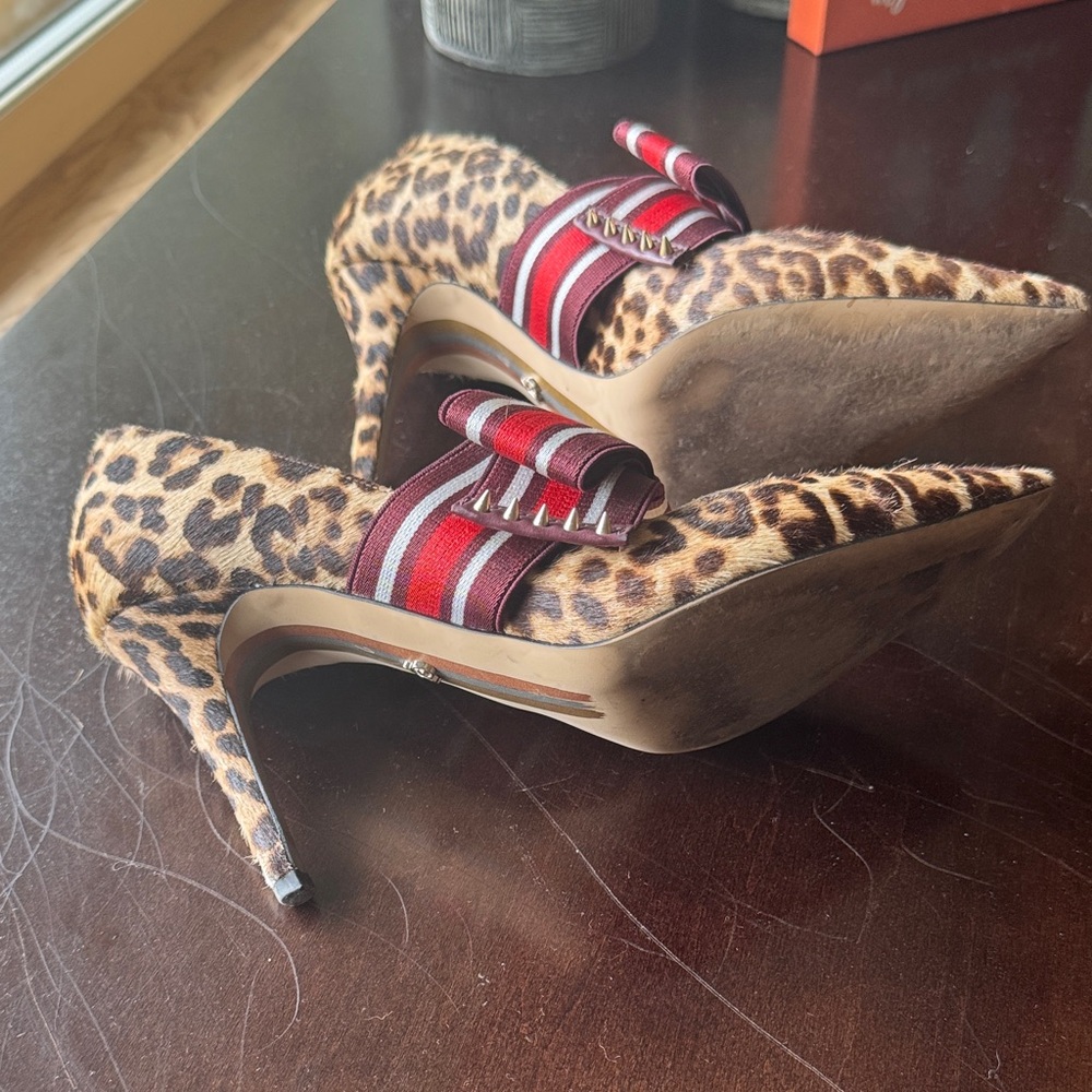 Sam Edelman Leopard Heels with Striped Red Bow - Picture 3 of 6